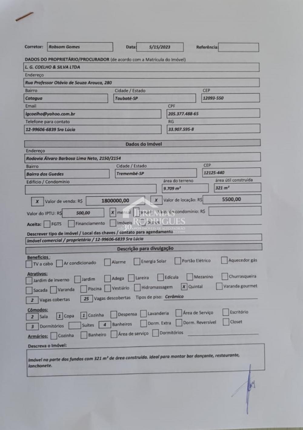 Ponto comercial para venda e locação em Tremembé/SP