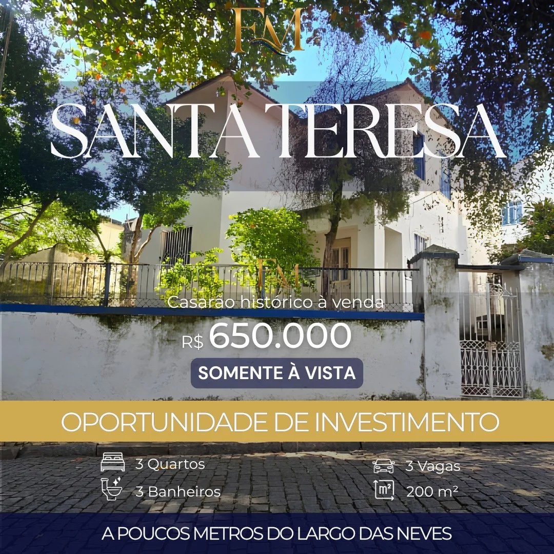 Oportunidade Única de Investimento em Santa Teresa! R$ 3.200/m² Casarão Histórico no Largo das Neves.