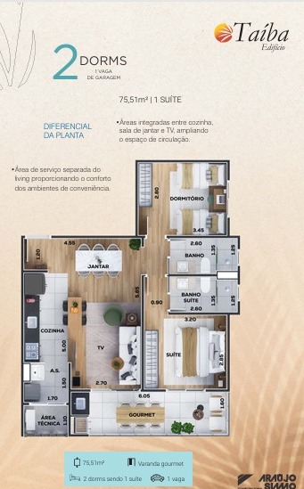 Apartamento à venda com 2 dormitórios, 75 m² no Edifício Taíba em Taubaté/SP.
