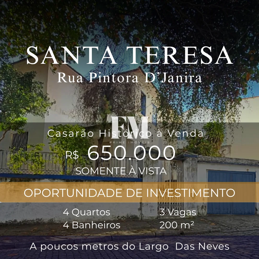 Oportunidade Única de Investimento em Santa Teresa! R$ 3.200/m² Casarão Histórico no Largo das Neves.