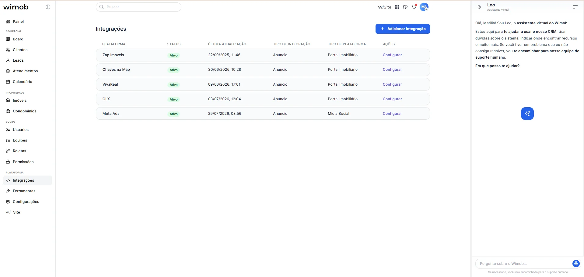 Adicionar Integração com passos Informações Básicas e Configurações Extras, campo Plataforma de Integração.
