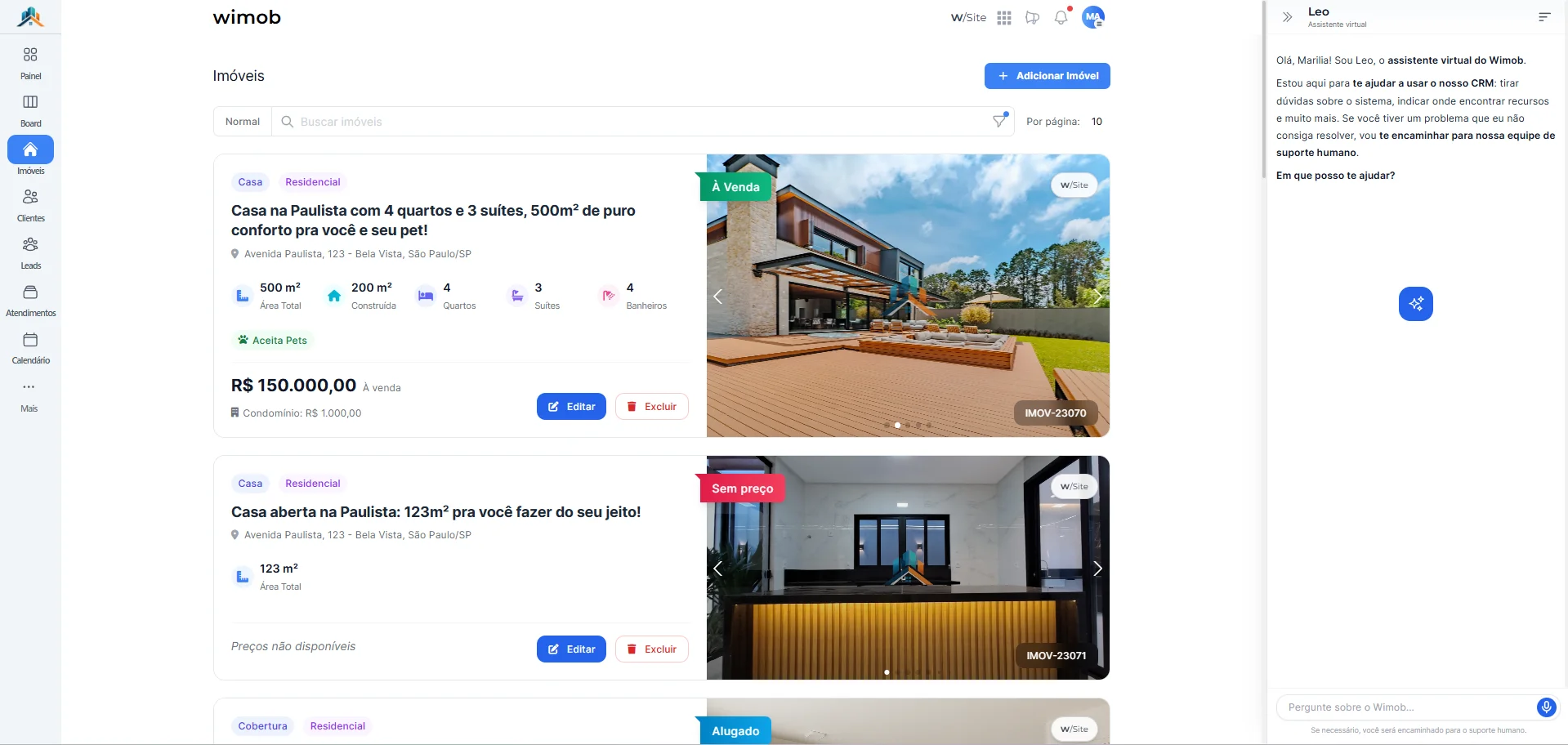 Página Imóveis com título e botão Adicionar Imóvel
