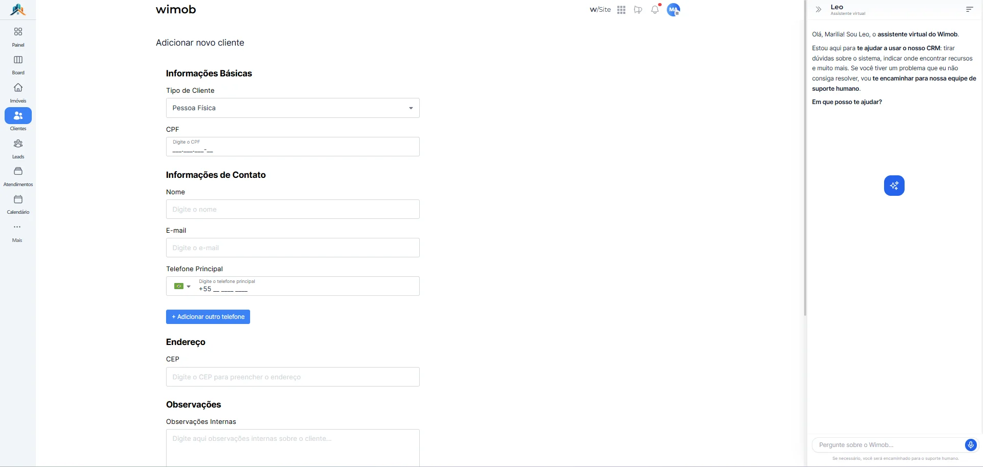Seções Informações Básicas e Informações de Contato no formulário de cliente
