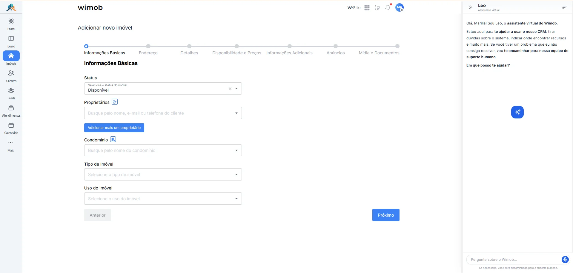 Formulário Adicionar novo imóvel com abas