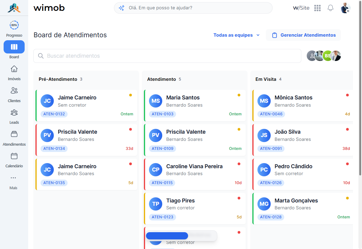 Topo do Board com menu Todas as equipes ao lado do botão Gerenciar Atendimentos.