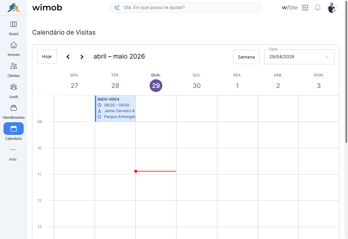Página Calendário de Visitas em vista semanal: título, botão Semana e faixa de visita com código IMOV na grade.