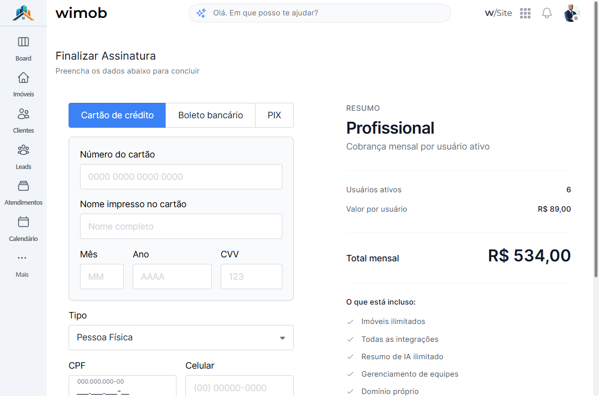 Finalizar Assinatura com abas card de crédito Boleto e PIX e formulário de card visível
