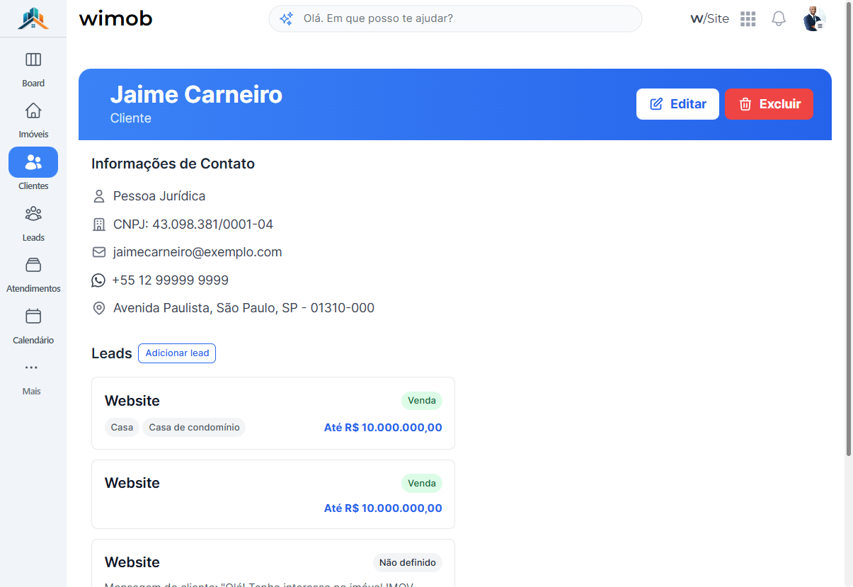 Bloco Informações de Contato na ficha do cliente