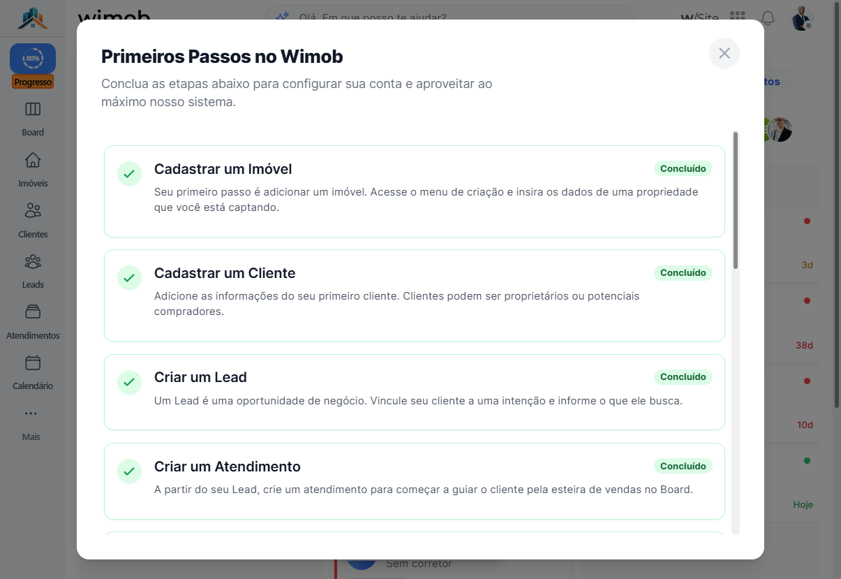 Board escurecido por baixo do modal Primeiros Passos no Wimob em tela cheia.