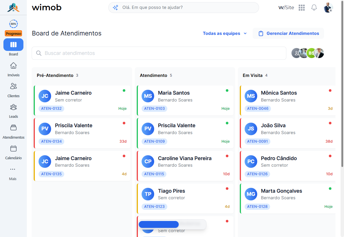Board de atendimentos com a barra lateral: cabeçalho com logo, bloco Progresso com anel 80% e rótulo Progresso, depois ícone Board selecionado.