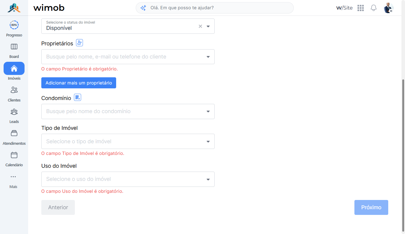 Formulário Adicionar novo imóvel com abas