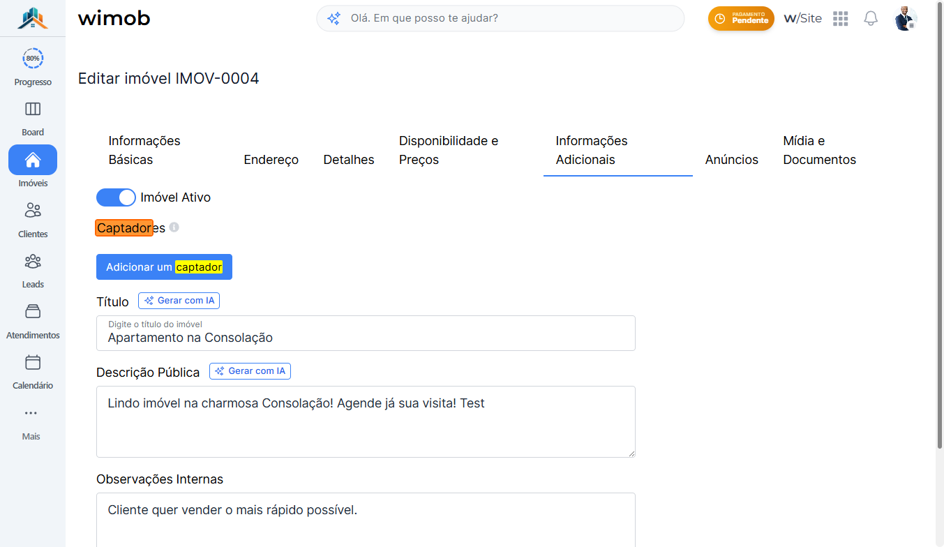 Formulário de edição com aba Informações adicionais