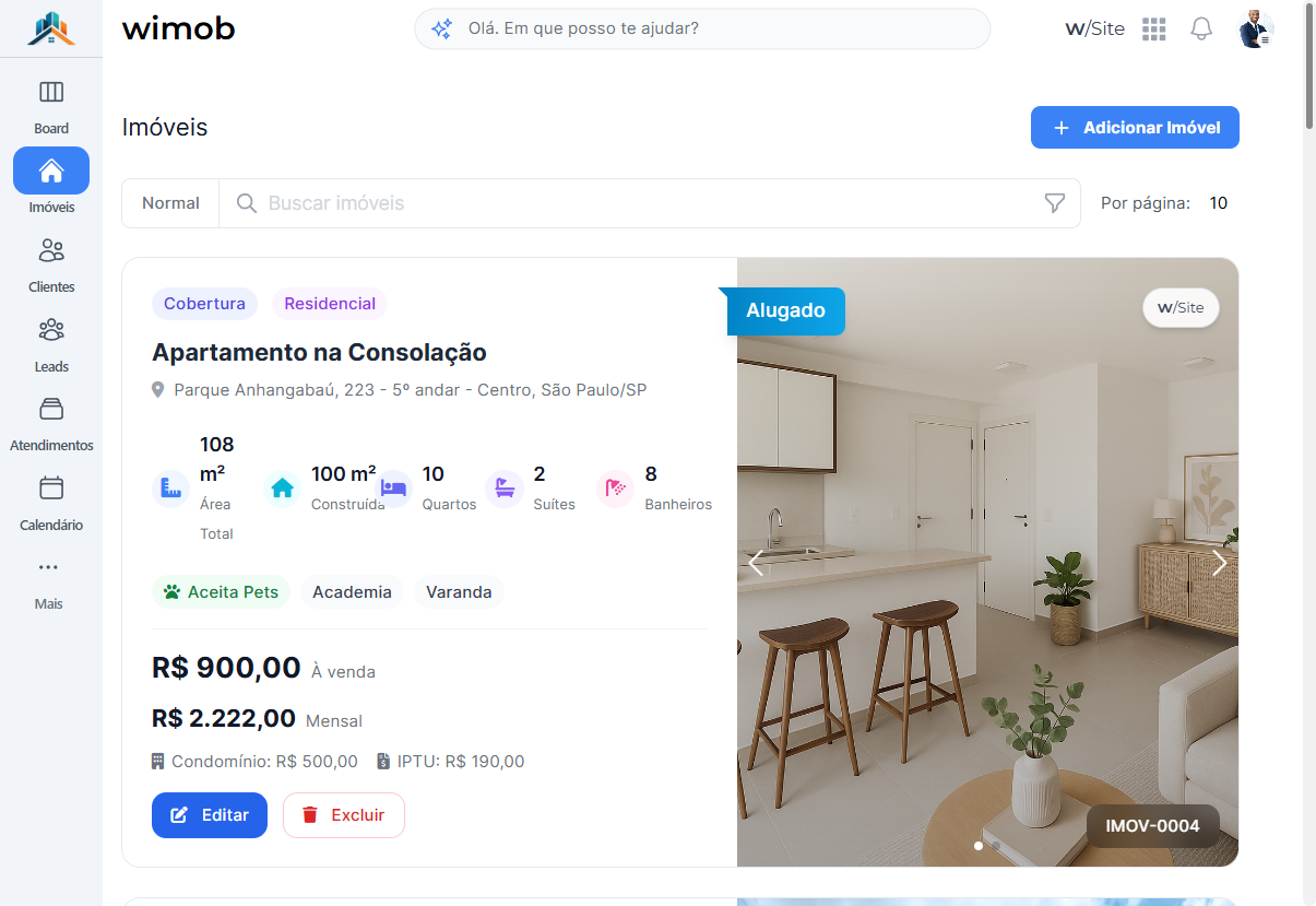 Página Imóveis com título e botão Adicionar Imóvel