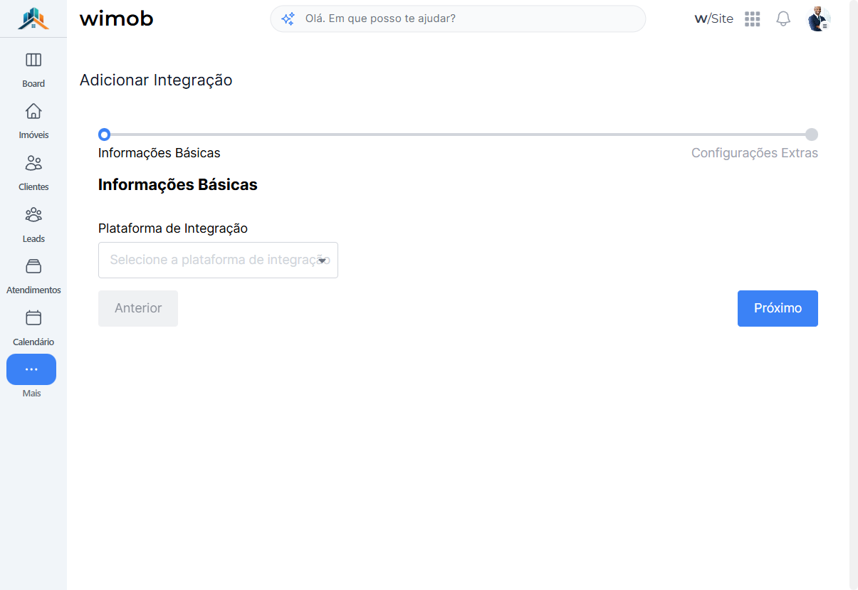 Adicionar Integração com passos Informações Básicas e Configurações Extras, campo Plataforma de Integração.