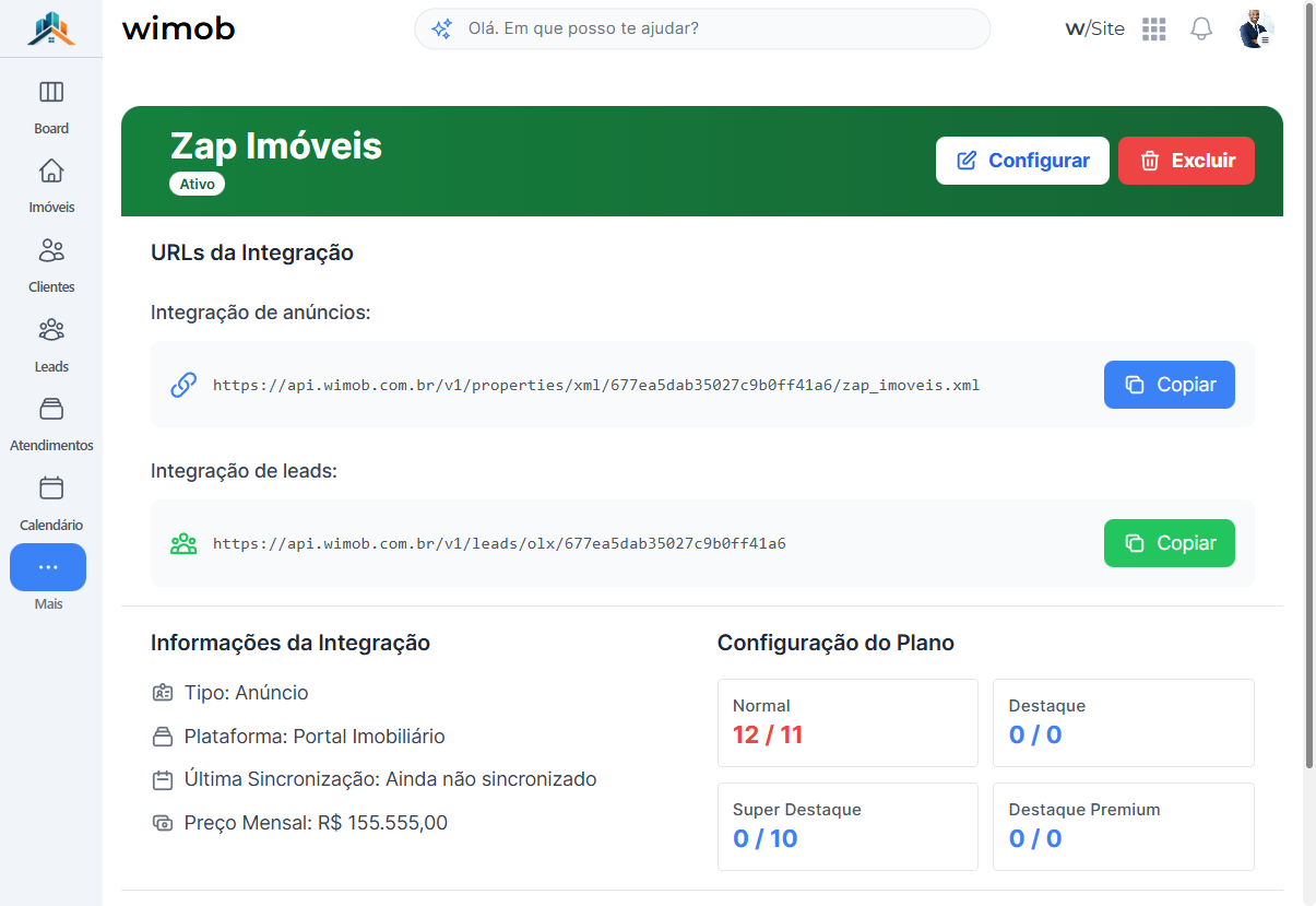 Ficha da integração com URLs da Integração de anúncios e de leads e botões Copiar.