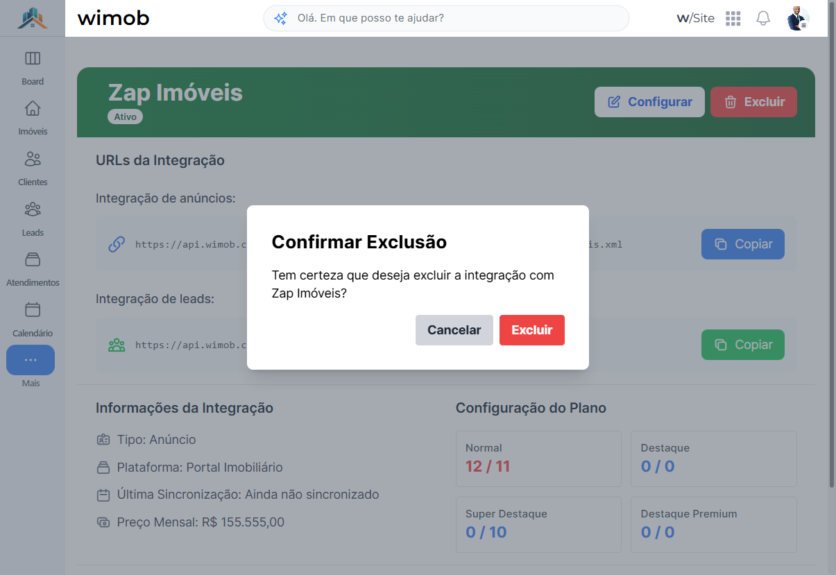 Modal Confirmar Exclusão com texto sobre excluir integração com Zap Imóveis e botões Cancelar e Excluir.