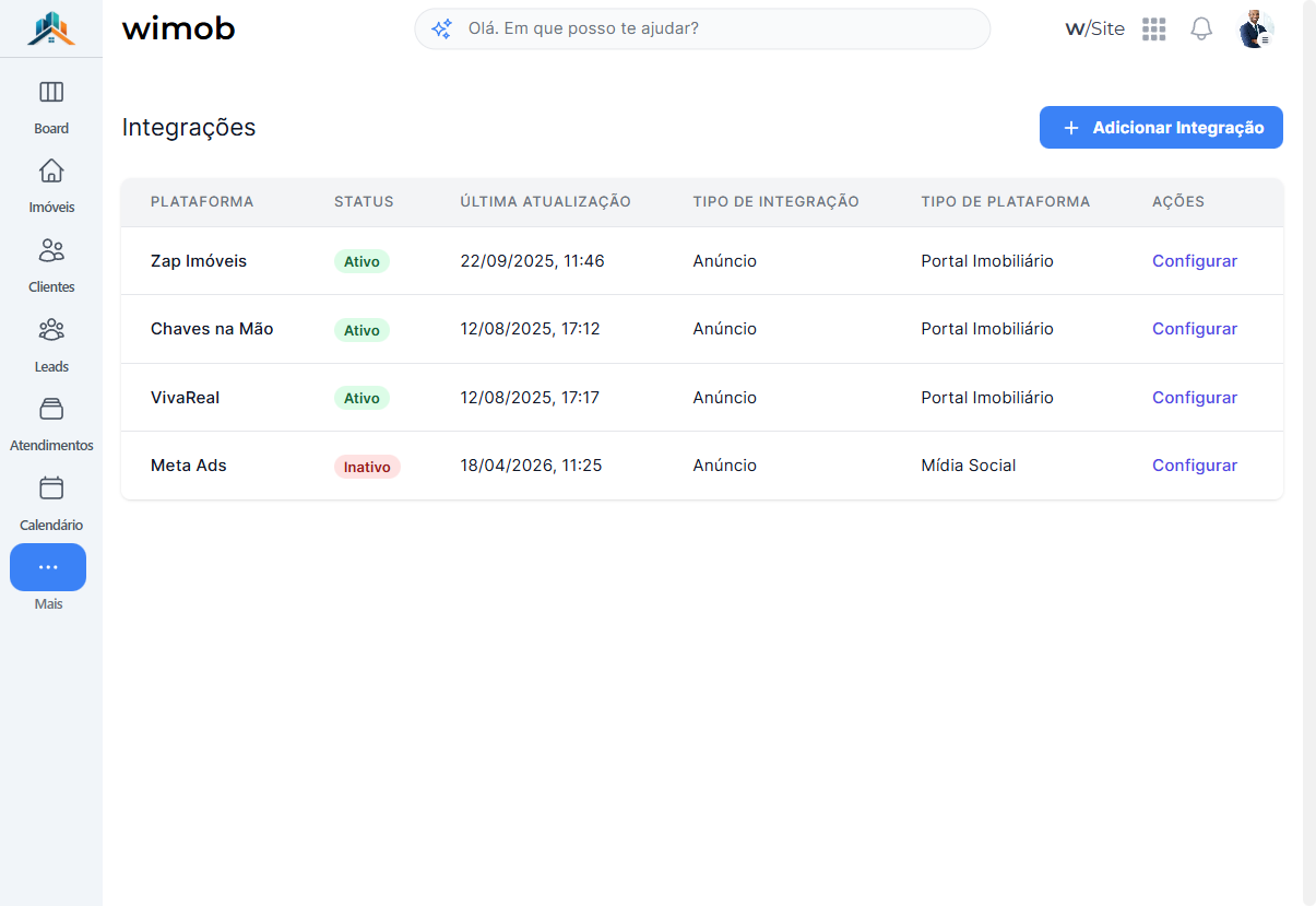 Página Integrações com tabela de plataformas, status Ativo ou Inativo, última atualização e link Configurar.