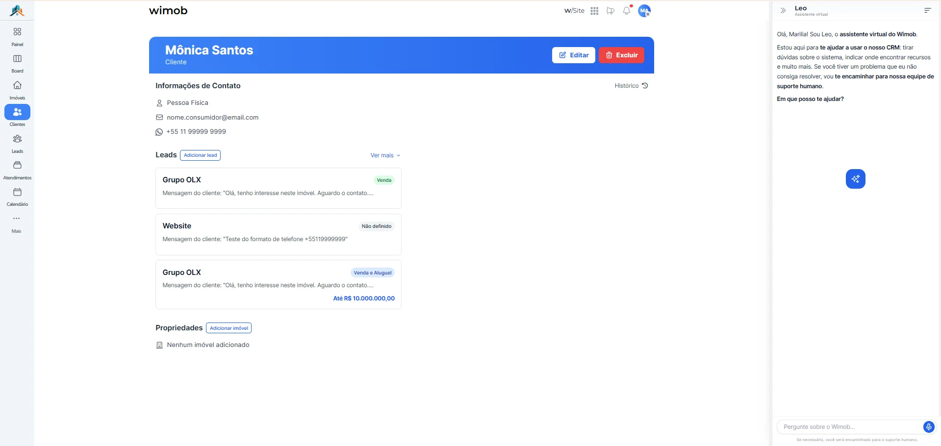 Seção Leads na ficha com botão Adicionar lead