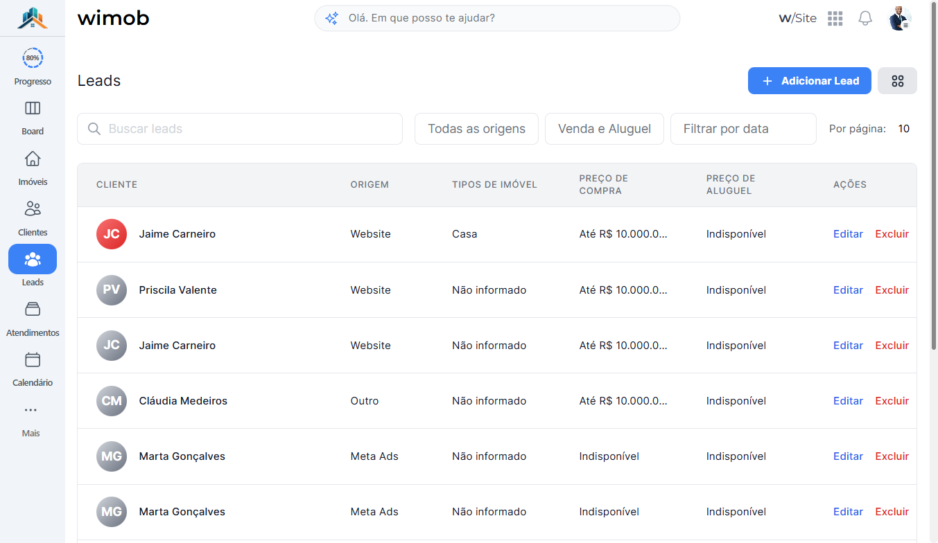 Página Leads com botão Adicionar Lead
