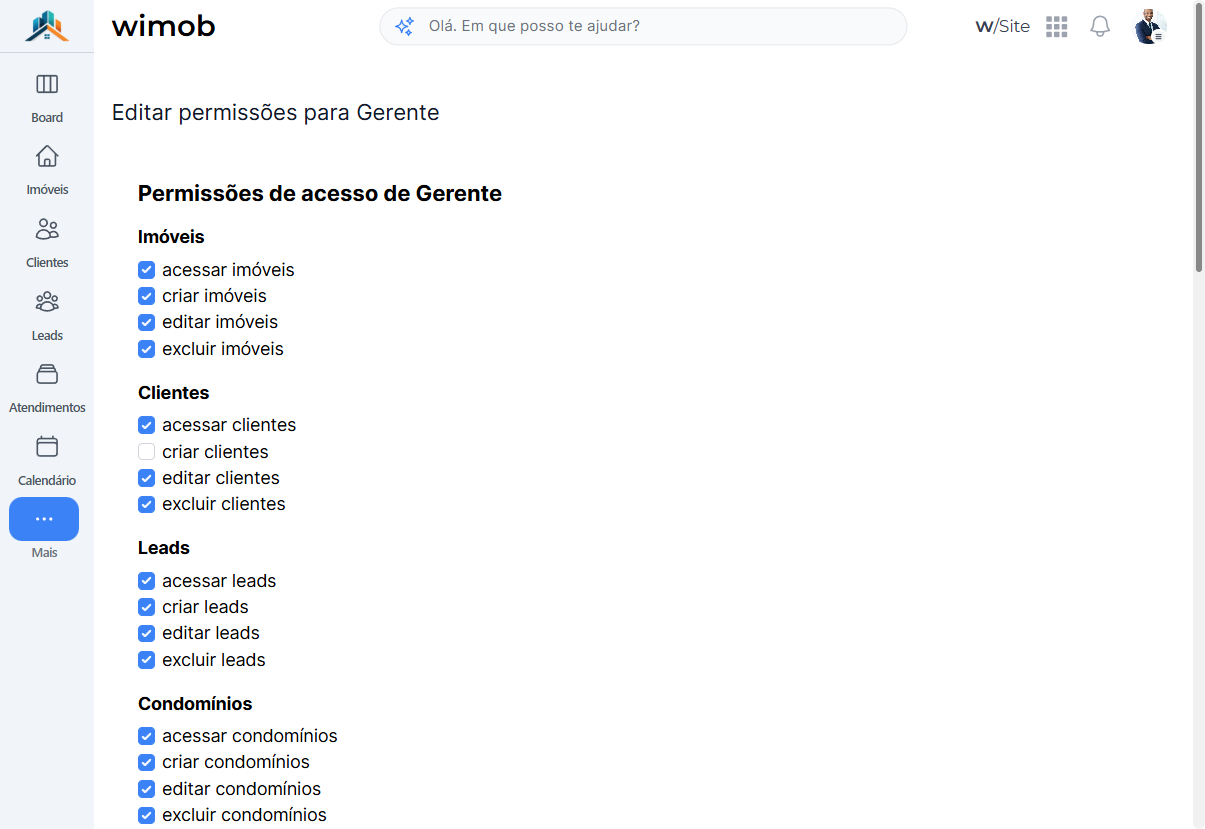 Formulário Editar permissões com grupos Imóveis Clientes Leads Condomínios e checkboxes