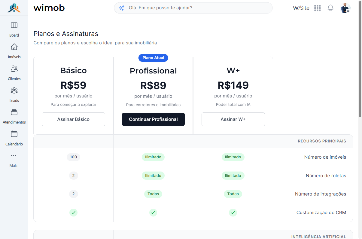 Trecho da página Planos com comparação de imóveis roletas integrações e customização