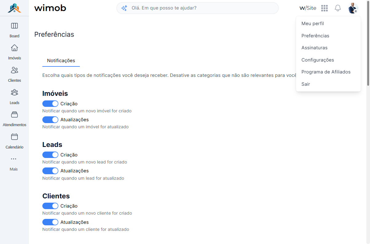 Menu aberto a partir do avatar no topo com Meu perfil Preferências Assinaturas Configurações e Sair