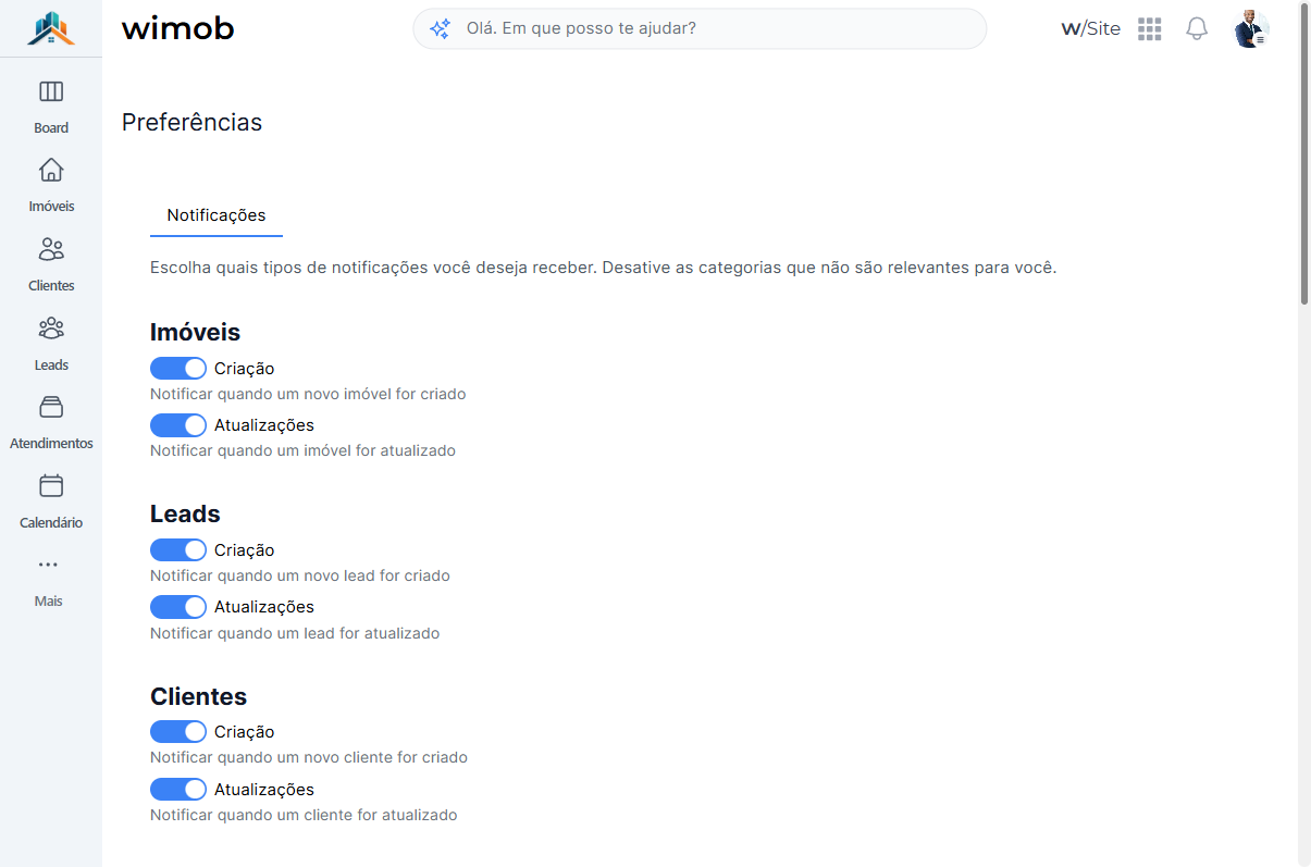 Página Preferências com aba Notificações selecionada e toggles de Imóveis Leads e Clientes