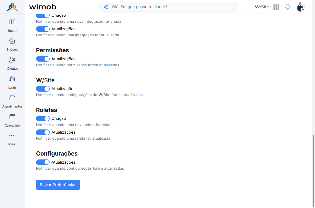 Parte inferior das preferências com Integrações Permissões W/Site Roletas Configurações e botão Salvar Preferências