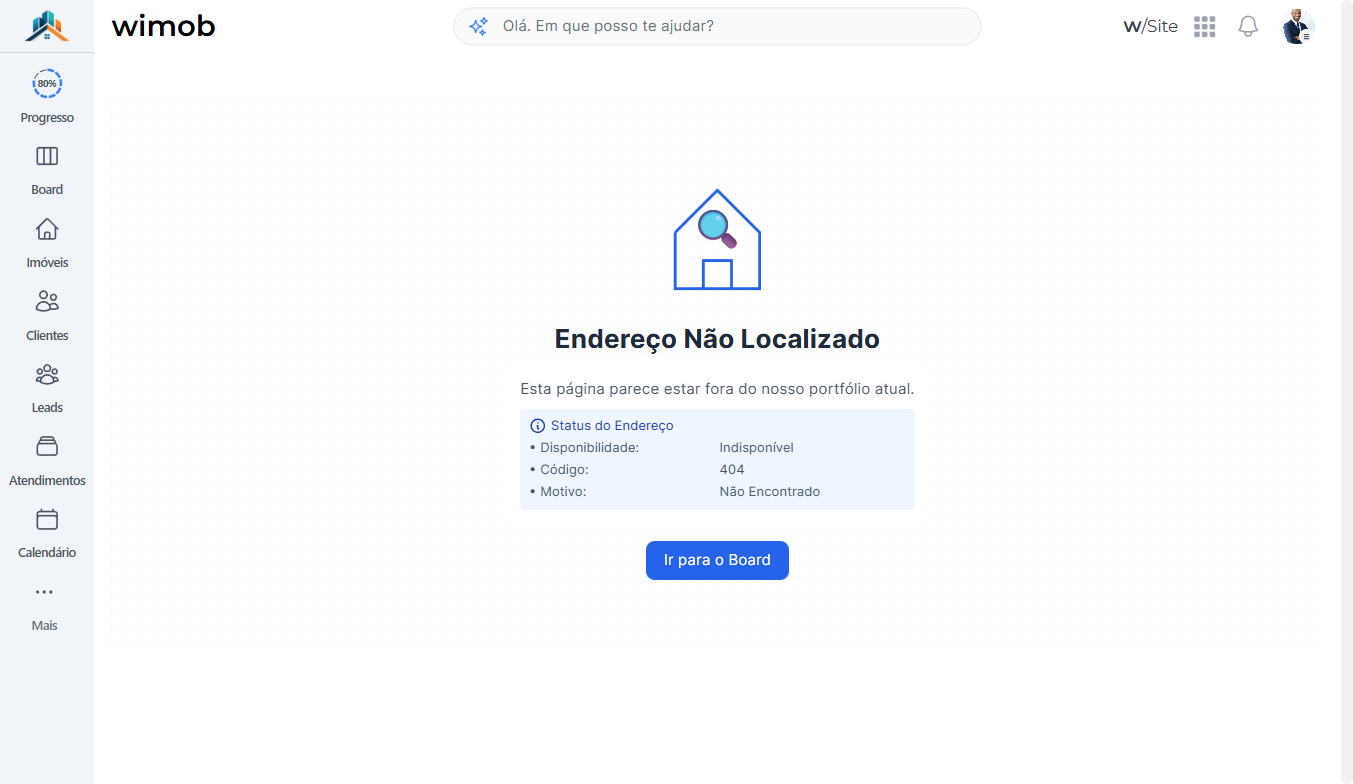 Tela Endereço Não Localizado no Wimob