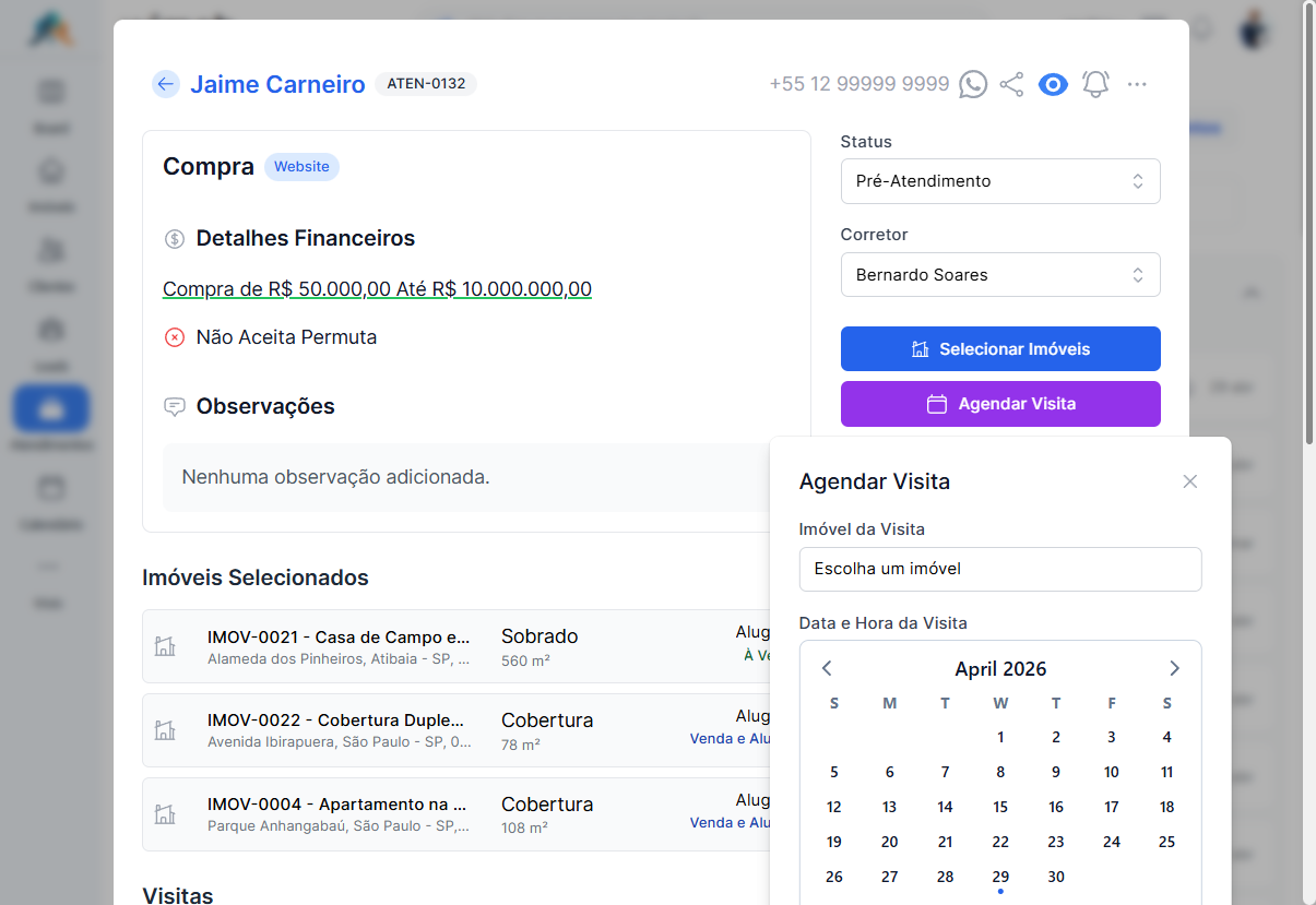 Painel do atendimento com o popover Agendar Visita aberto: escolha de imóvel, calendário de data e hora, botão de confirmar.