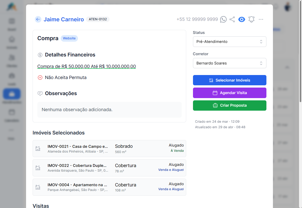 Painel lateral de um atendimento com nome do cliente, código ATEN-, ícones de ação e botão Voltar.