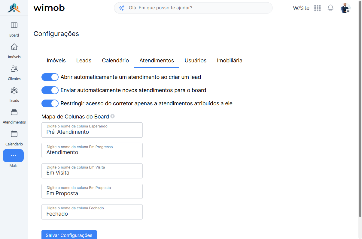Aba Atendimentos com interruptores e mapa de colunas do Board