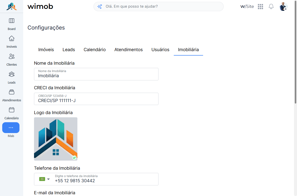 Topo da aba Imobiliária na Configurações