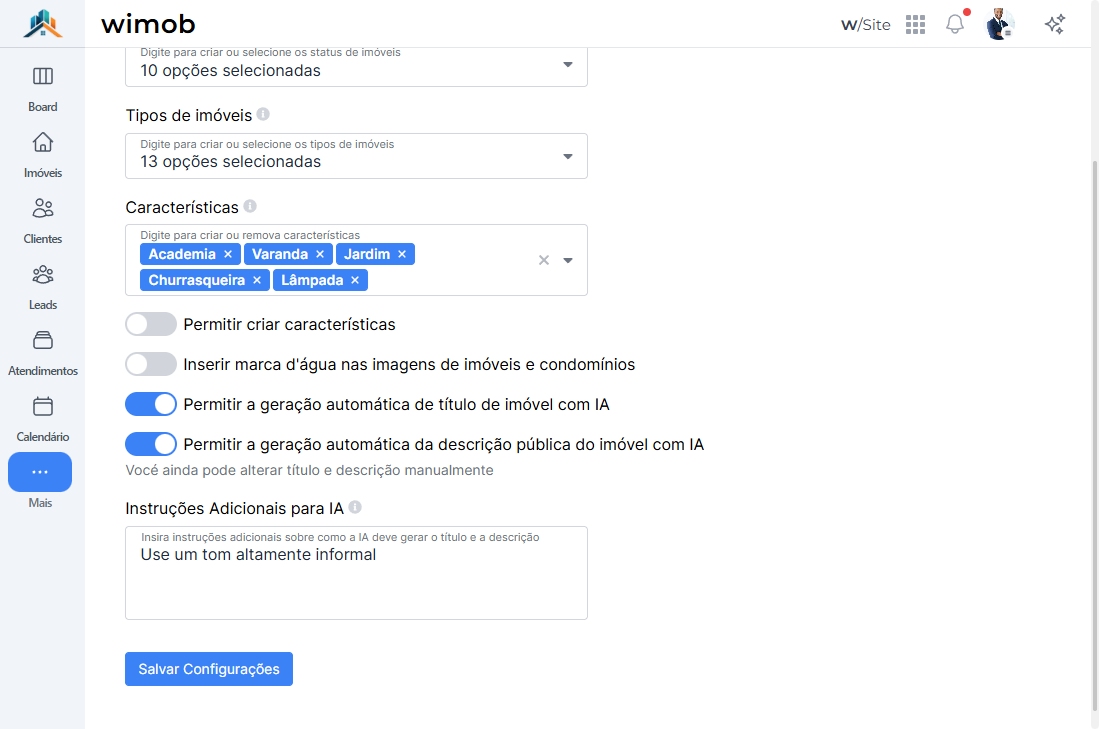Página Configurações com abas Imóveis Leads Calendário Atendimentos Usuários Imobiliária e campos da aba Imóveis