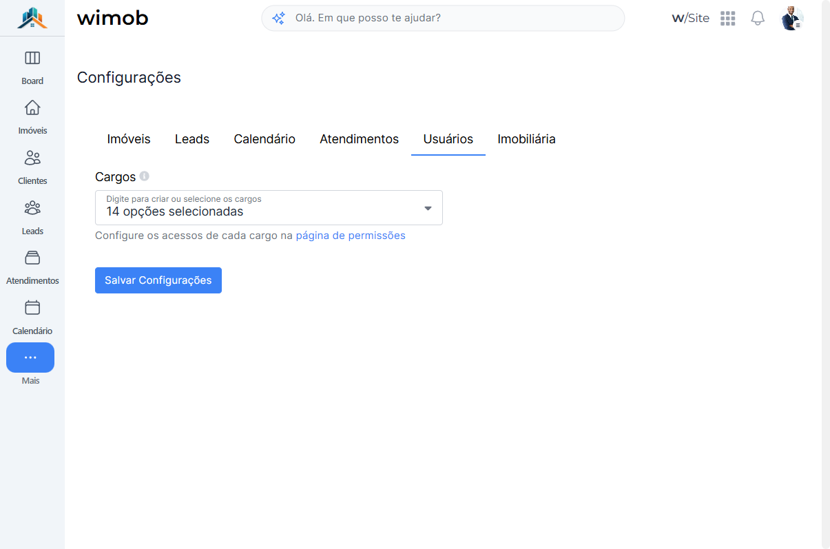 Aba Usuários em Configurações com multiselect Cargos e link para página de permissões