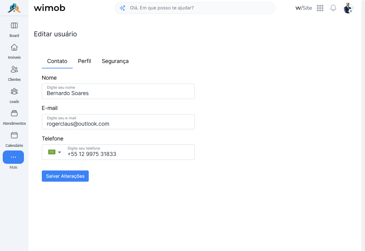 Editar usuário na aba Contato com Nome E-mail Telefone e botão Salvar Alterações.