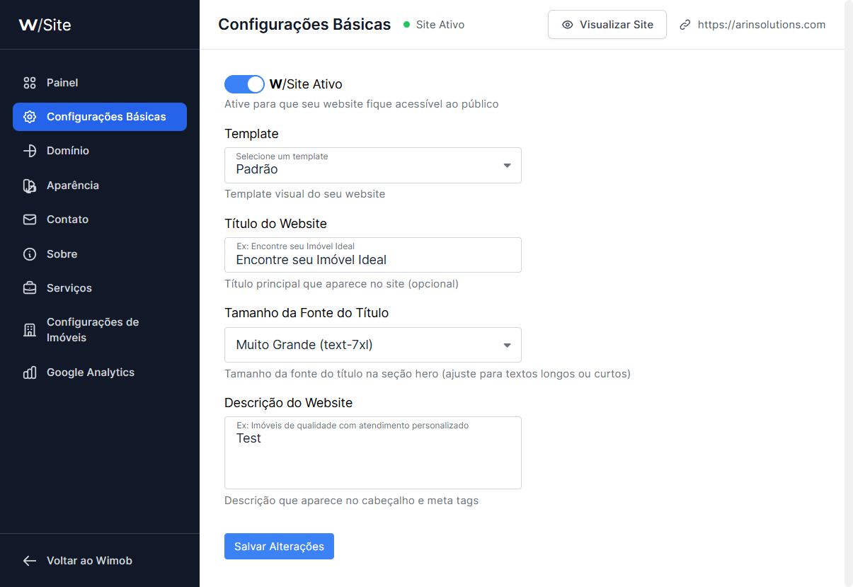 Configurações Básicas do site com interruptor W/Site Ativo, template, título, tamanho da fonte do título, descrição e botão Salvar Alterações.