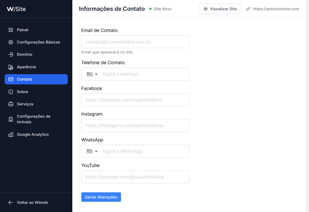 Informações de Contato com email, telefone e campos de redes sociais e WhatsApp.