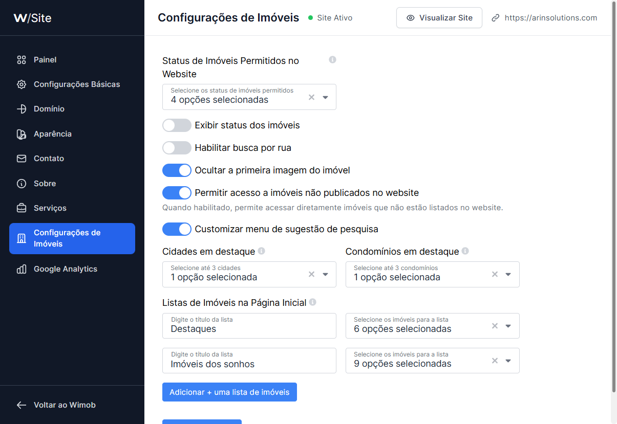 Configurações de Imóveis no site com interruptores, destaques de cidade e condomínio e listas da página inicial.