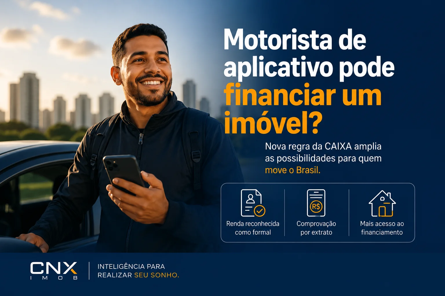 Motorista de aplicativo ao lado de um carro em imagem sobre a nova regra da CAIXA para reconhecimento de renda e acesso ao financiamento imobiliário.